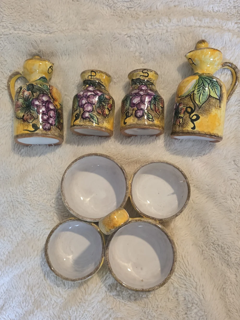 vintage italian majolica pottery condiments set Hand Painted with Holder